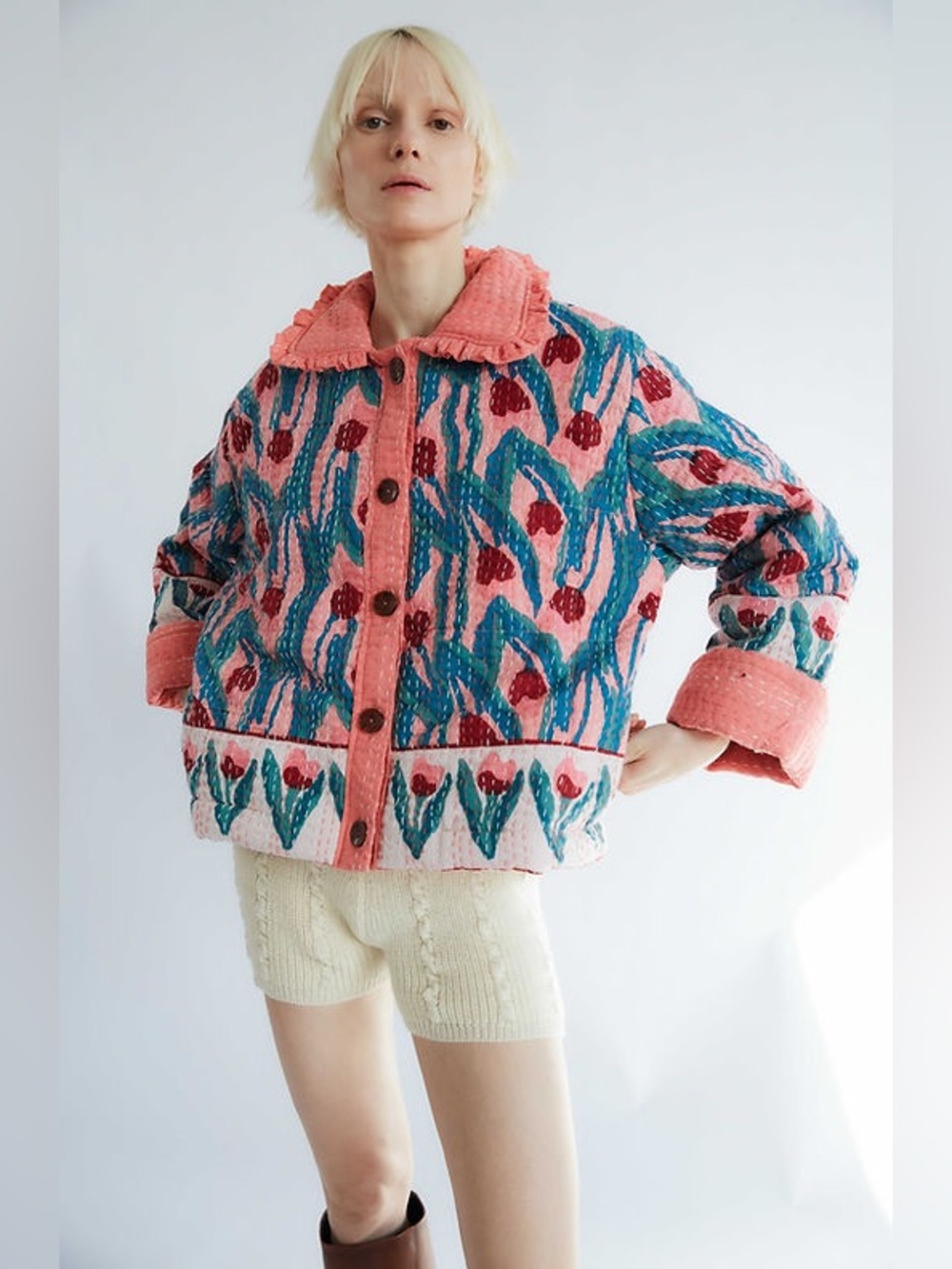 Tach Clothing Benita Quilted Jacket Pink Tulip Floral Kantha Ruffle Collar